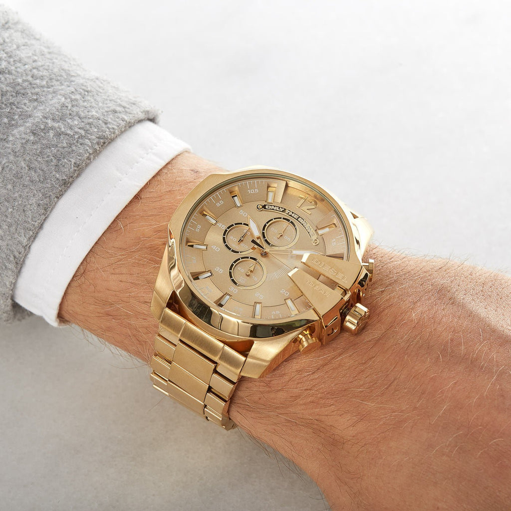 Diesel DZ4360 Mega Chief Chronograph Men's Watch – Gold Dial & Gold Stainless Steel Strap