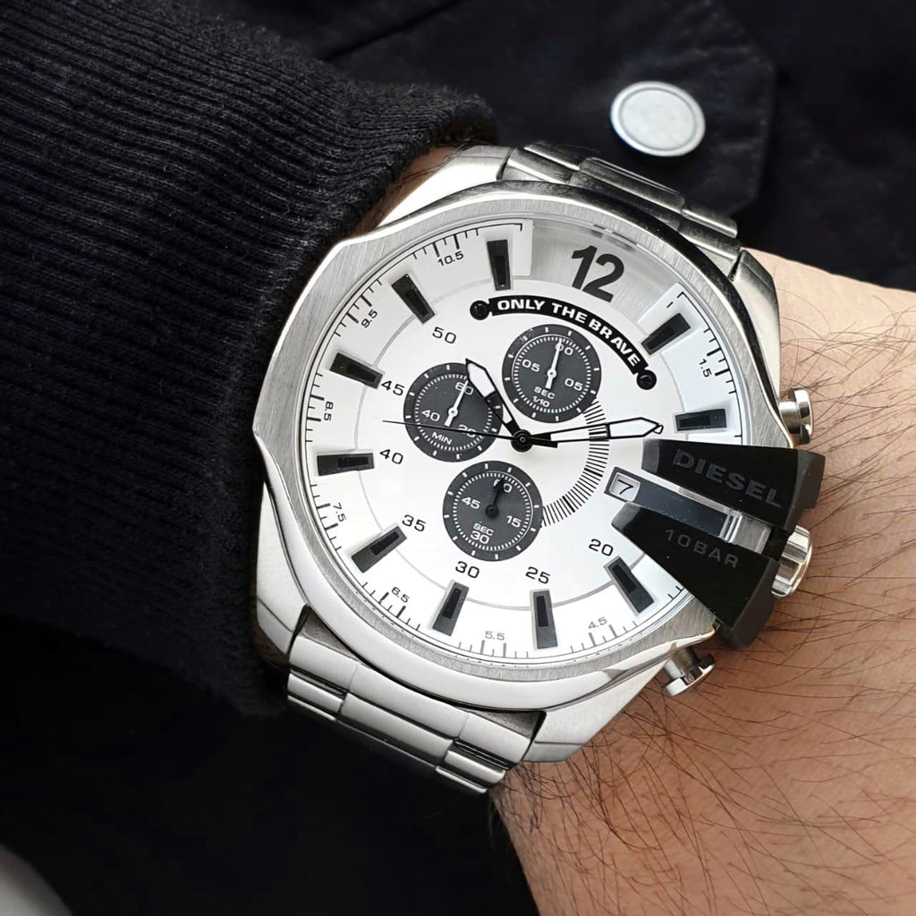 Diesel DZ4501 Mega Chief Chronograph Men's Watch – Silver Dial & Silver Stainless Steel Strap