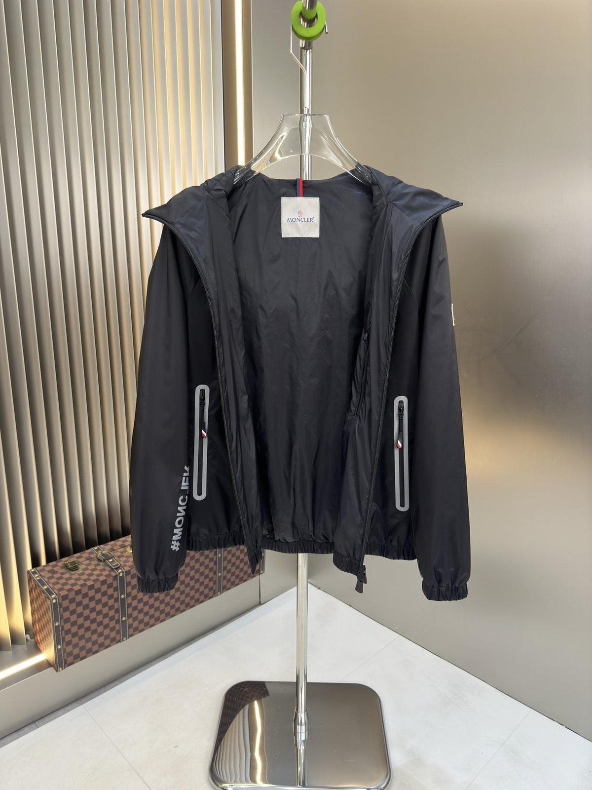 Moncler Hooded Zip-Front Jacket with Chest Emblem