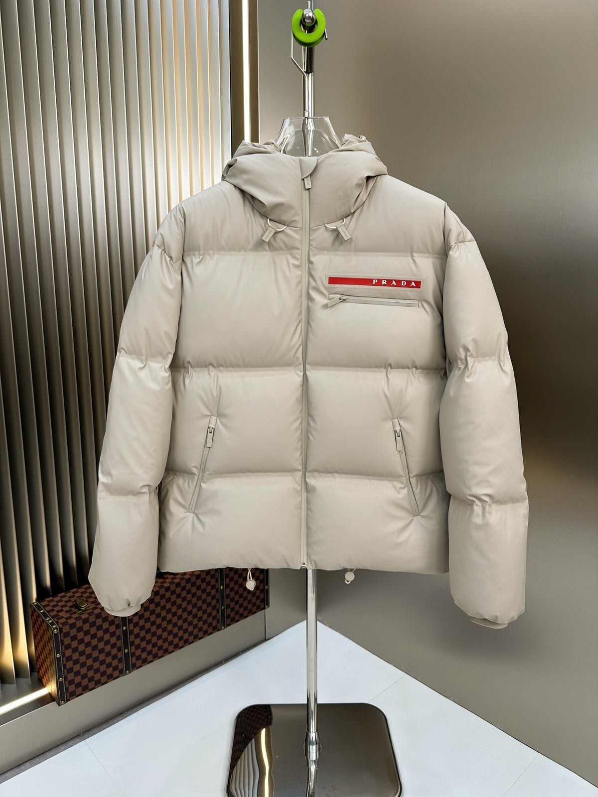 Prada Hooded Puffer Jacket with Red Chest Trim