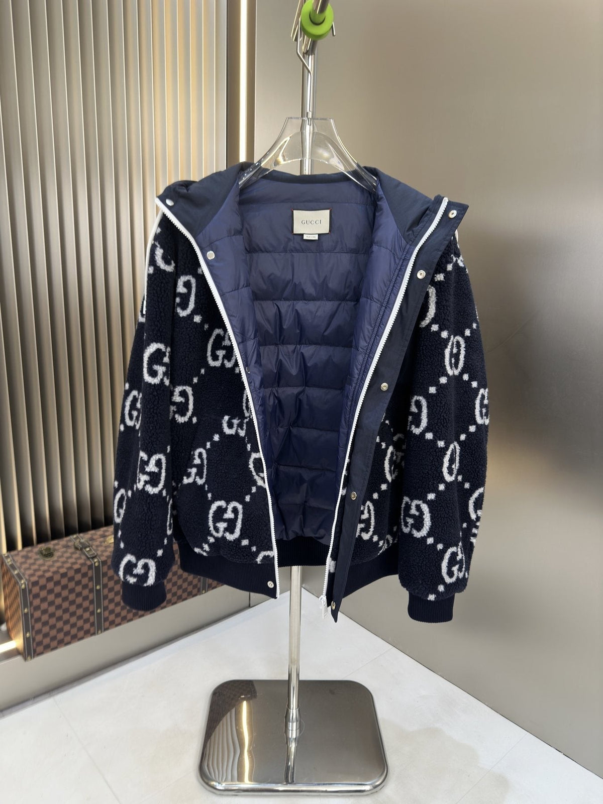 Gucci Navy Hooded Monogram Puffer Jacket